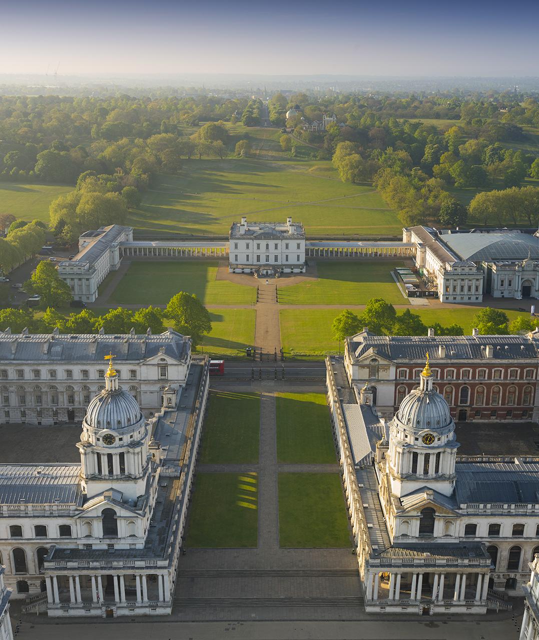 An aerial view of the Queen's House, Old Royal Naval College and Greenwich Park on a sunny day