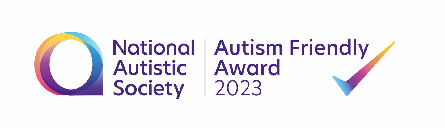 Logo of the National Autistic Society featuring the written name and a circular multi-coloured shape