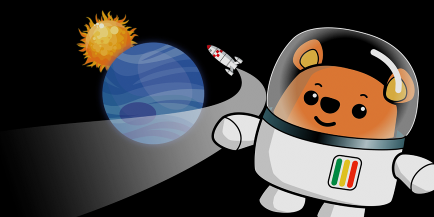 Ted the bear with a rocket, blue planet and the Sun